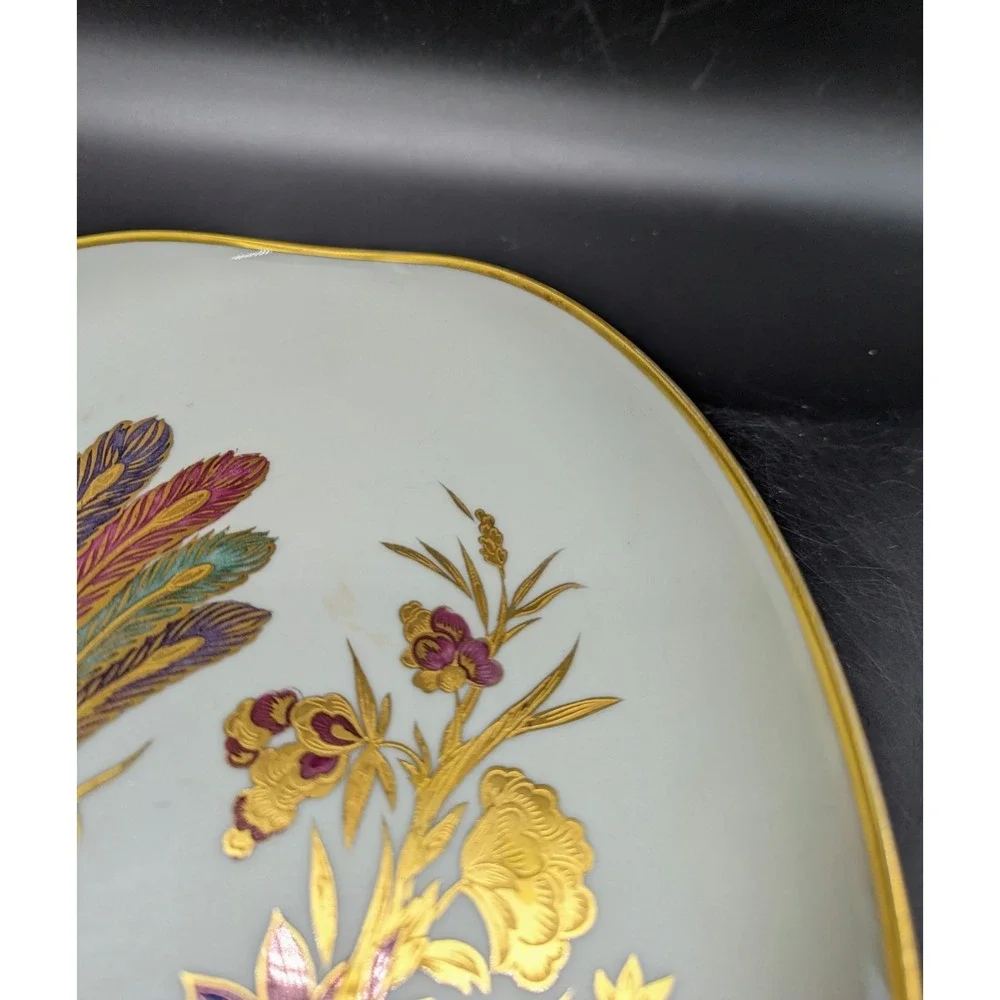 Vintage Dipinto A Mano Longo Oro Zecchino Italy Oval Dish Pheasant Bird Flower